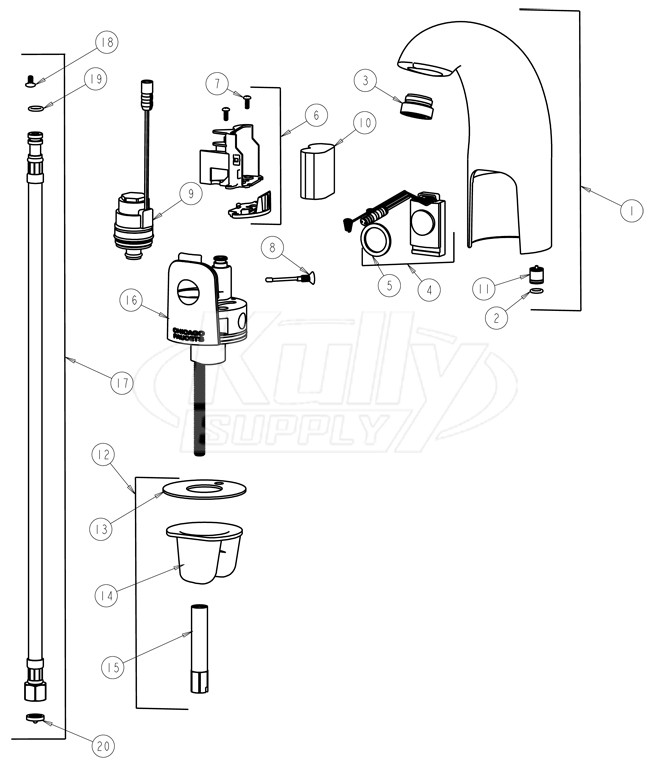 Chicago 116.202.21.1 Hytronic Contemporary Sensor Faucet Parts Breakdown